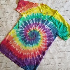Hand dyed Rainbow Spiral Tie Dye V-neck T-shirt